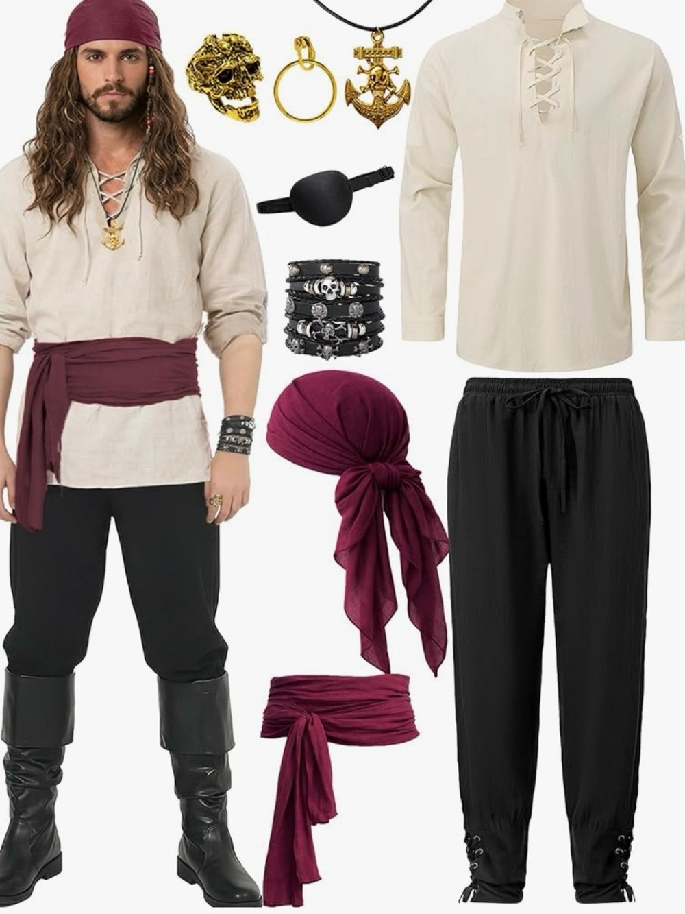 Men's Black Pirate Jogger Pants with Burgundy Sash